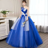 2025 New Blue Stage Performance Suit Ponpong Skirt Photo One-Shoulder Evening Dress Yarn