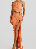 Irregular Shoulder Wrinkled Chest Skirt Woman 2025 Summer New Sexy Bare-Backed Rope Open Fork Dress HZ0628