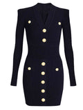 Autumn And Winter Pa Family Fashion Famous Woman Goddess Metal Buckle V-Neck Black Thin Knitted Dress