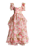 Court Style 2025 Summer New Square Slings Oversized Skirts Tail Lotus Leaf-Side Printed Dress Woman