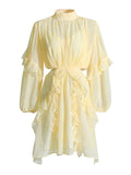 Retro Style 2025 Summer New Mesh Collar Long Sleeves Wood Ear Design Lumbar Short Dress Woman
