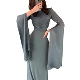 And Autumn 2024 Solid Color Splicing Big Swing Sleeve Collar Body Repair Dress Dress
