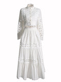 Famous Wind 2025 Summer New Lace Collar Long Sleeves Bare Waist Shirt High Waist Half Dress Solid Two Sets