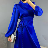 Women's New Round-Neck Lantern Sleeve Dress Side Belt With Body-Repair Dress Dress