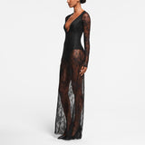 Women's Deep V Lace Splicing Line Bottom Sexy Long Dress DJPT