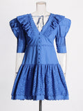 Romantic Court Style 2025 Spring New Fashion V-Necked Sleeve Lace Laminated Short Dress Woman