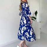Women's Summer V-Necked Print Skirt High Waist-Comfort Temperament Open-Broken Flower Dress