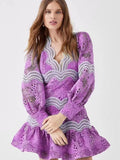Autumn New V-Neck Lantern Sleeve Splicing Hollow Design Short Dress Woman
