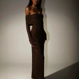 Women's New Luxury Out-Shoulder Long-Sleeved Body Drilled Noble Dress HZ0628