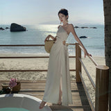 Seaside Holiday Dress 2024 New Summer Slanted Shoulder Sling Temperament Slim Skinny Dress