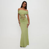Women's Spring And Summer New Solid Color Open Shoulder Splicing Lace Super Long Dress Woman DJPT