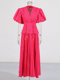 Retro Bubble Sleeve Rope Waist-Waisted Dress 2025 Summer New Folding Splicing Solid Color Dress Dress Women's Dress