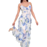 Women's Summer Sling Dress Crumped Floral Skirt High Waist Quality Fairy Holiday Dress