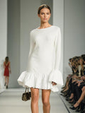 Elegant Style Dress Women's 2025 Spring New Simple High-End Collar Collar Horn Sleeve Knitted Pure Color Skirt
