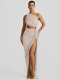Irregular Shoulder Wrinkled Chest Skirt Woman 2025 Summer New Sexy Bare-Backed Rope Open Fork Dress HZ0628