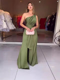 Summer Women's New Fashion Sexy Slanted Shoulder Solid Color Open Fork Dress