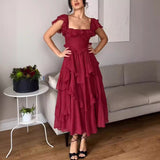 Dress Holiday Dress Lace Side Hollow Cake Dress Lotus Leaf Folding Long Dress