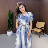 Solid-Color V-Neck Short-Sleeved Multi-Button Belt Casual Dress In Autumn 2025