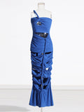 Style Sexy Shoulder Niche Hollow Folds Design 2025 Summer New Solid Color Long Dress