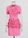 Retro Sexy Bag Hip Dress 2025 Summer New Round Three-Dimensional Flower Decoration Splicing Dress Woman