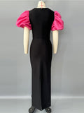 New Heavy Industry Diamond-Stuffed Temperament Rose Red Bubble Sleeve Banded Dress Banquet High-End Evening Dress