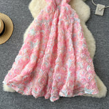 A line Spaghetti Straps Pink Floral Holiday Dresses Midi Length Women's Dress SD1274
