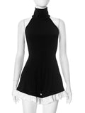 Women Decorate Sleeveless Hanging Neck Collage Splicing Lotle Leaf Side Shorts Splicing DJPT