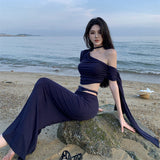 Sexy Seaside Travel Holiday Wind Inclined Shoulder Tightbage Bag Hip Fishtail Skirt Two Sets Early Autumn Wear
