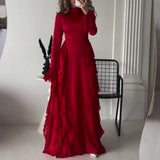 Women's Clothing Autumn 2024 Round Collar Horn Sleeve Temperament High-Waisted Splicing Tie With Dress Woman