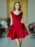 Summer New Round Neckless Design High-Waist Three-Dimensional Flowers Spliced Solid Color French Retro Short Skirt Woman