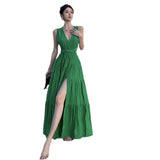 V-Necked With Hanging Neck Dress Female Seaside Holiday Sexy Bare Back Open Fork Showing Lean Long Skirt