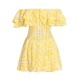 Niche Brand Sweet Sexy One-Word Lotus Leaf Edge Hollow Embroidery Showing Thin Waist Holiday Dress