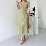 Women's Summer French V-Neck Bubble Bubble Sleeve High Waist Open Temperament With Long Dress