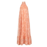 Printed Holiday Dress 2025 Summer Show Back New Hanging Neck Sleeveless Swing Leaves Side Dress Woman