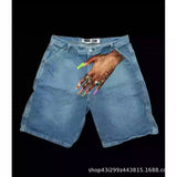 Hip-Hop Trend Pattern Print Denim Shorts Men's High Street Trendy Couple Casual Five-Point Pants DJPT