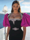 New Heavy Industry Diamond-Stuffed Temperament Rose Red Bubble Sleeve Banded Dress Banquet High-End Evening Dress