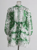 Bohemian 2025 Summer New Neck Lantern Sleeves With Hollow Print Dress Woman