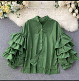 Shirt Women Wish Multi-Layer Lotus Side Horn Sleeve Shirt Loose Set Small Collar Top DJPT