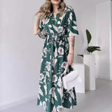 Women's Summer V-Necked Print Skirt High Waist-Comfort Temperament Open-Broken Flower Dress