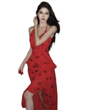 Dress Red Long V-Neck Hanging Neck Sling Dress Female Summer French Temperament Party Dress