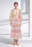 Niche 2024 Spring New Round-Neck Lantern Sleeve Top With Rubber Ribs Waist Dress Printed Fashion Set