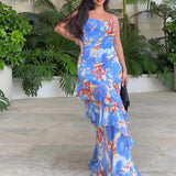 Women's Summer Sling V Tie Floral Skirt High Waist Slim Thin Lotus Leaf Dress