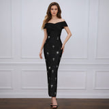Sexy Folded Mesh Drill Splicing Word Shoulder Banded Skirt Party Evening Dress Skirt