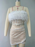 Hot Short Dress High-Waist Sexy Squine Dress One-Word Shoulder Feather Dress