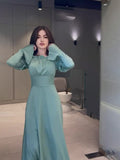 2024 Court Style Bubble Collar Wood Ear To Collect Waist Solid Color Long Sleeve Dress
