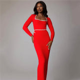 Elegant Square-Necked Long-Sleeved Diamond-Stwined Dress With Long Bag-Hope Party Party Evening Dress