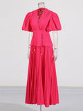 Retro Bubble Sleeve Rope Waist-Waisted Dress 2025 Summer New Folding Splicing Solid Color Dress Dress Women's Dress