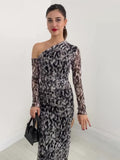 2024 New Leopard-Print Twilled Long-Sleeved Long Temperament Dress Woman