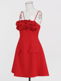 High-End Sling Dress 2025 Summer New Simple Wind Three-Dimensional Flowers Spliced Solid Color Short Skirt Woman