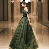 Evening Dress 2025 Summer New Green One-Word Shoulder Fairy Masturity Host Dress